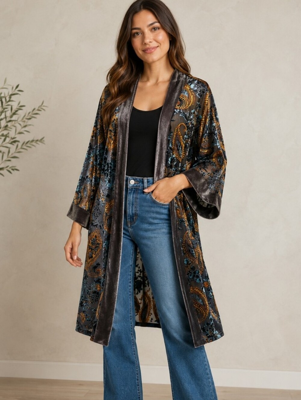 Jodifl 1X Stunning Velvet Burnout Kimono Sheer Dark Romantic Velvet Trim Paisley